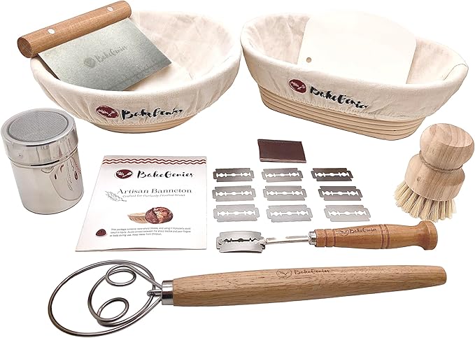 BakeGenies Artisan Bread Banneton Proofing Basket Set of 2, 9 inch Round & 10 inch Oval Sourdough Baskets with Danish Whisk, Dough Cutter, Scraper, Flour duster, Cleaning Brush, Bread Lame &10 Blades