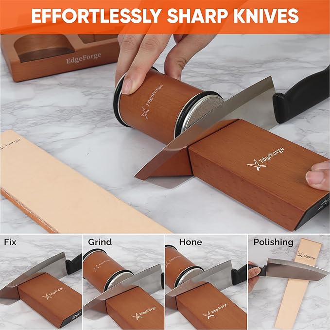 Rolling Knife Sharpener Kit – Diamond & Ceramic Knife Sharpener Set with Magnetic 15° & 20° Angle Guide, 4 Sharpening Discs, Leather Strop & Stand, Manual Kitchen Knife Sharpening Tool Gift Set