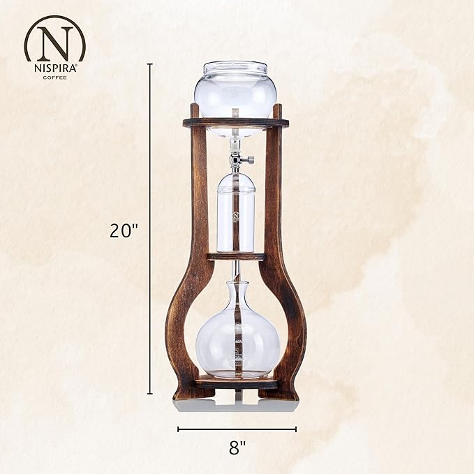 Nispira Iced Coffee Cold Brew Drip Tower Coffee Maker, 6–8 Cup Manual Cold Brew Brewer with Adjustable Valve, Wooden Frame & Glassware, Slow Cold Extraction System