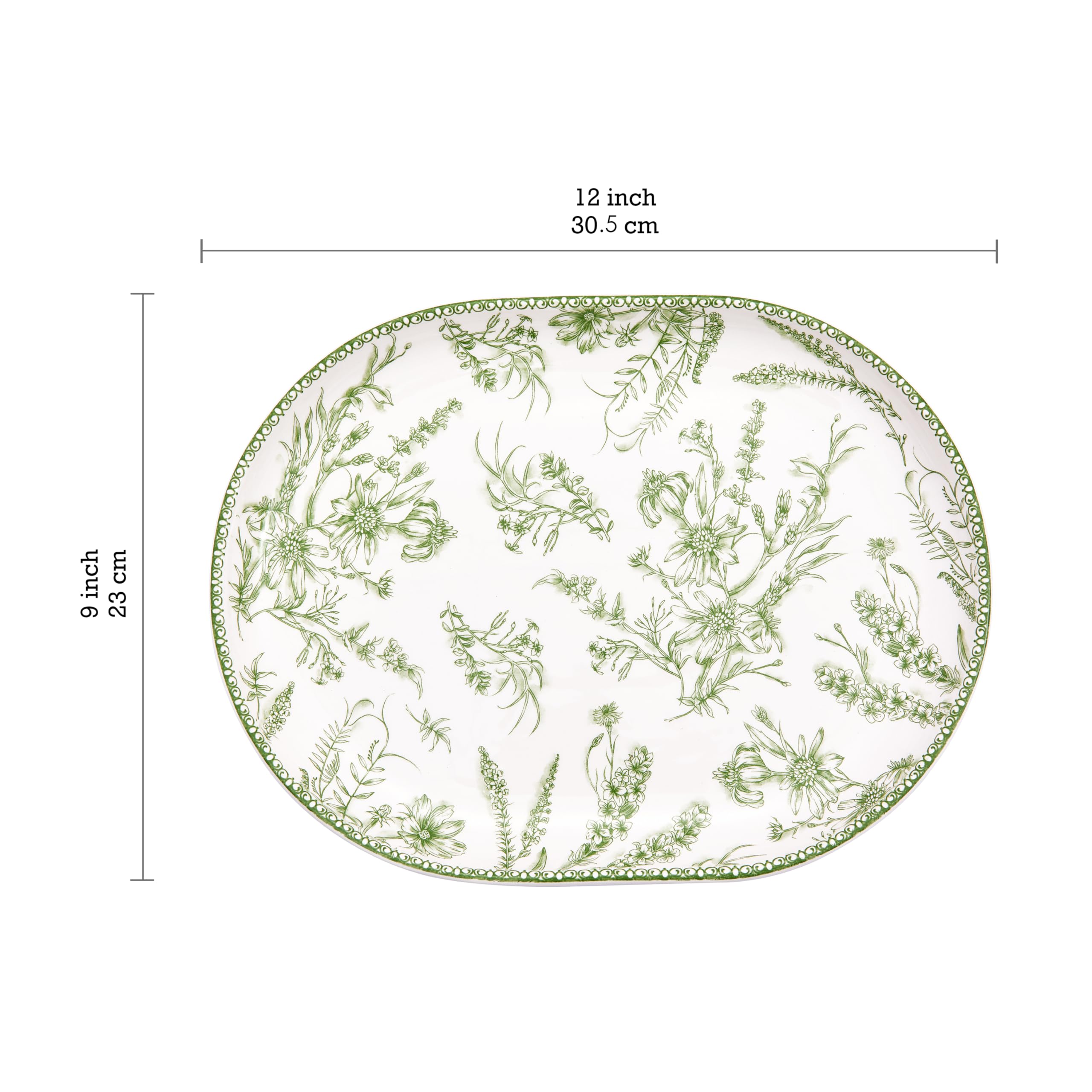 Bico Green Garden Toile De Jouy 16 plus 12 inch Oval Platters Set, Set of 2, Microwave and Dishwasher Safe, for Serving Fish, Chicken, Turkey