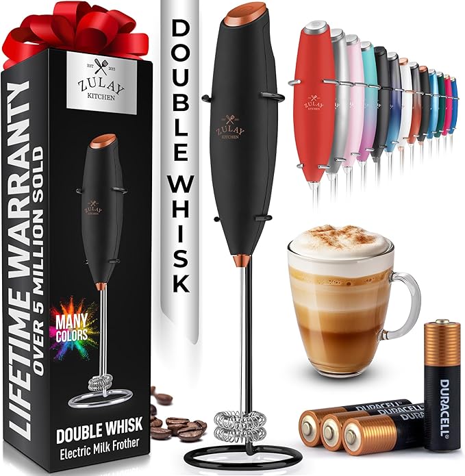 Zulay Kitchen Powerful Milk Frother Wand With Duracell Batteries - Ultra Fast Handheld Drink Mixer - Electric Whisk Foam Maker for Coffee, Lattes, Cappuccino & Matcha - Double Whisk - Black Copper