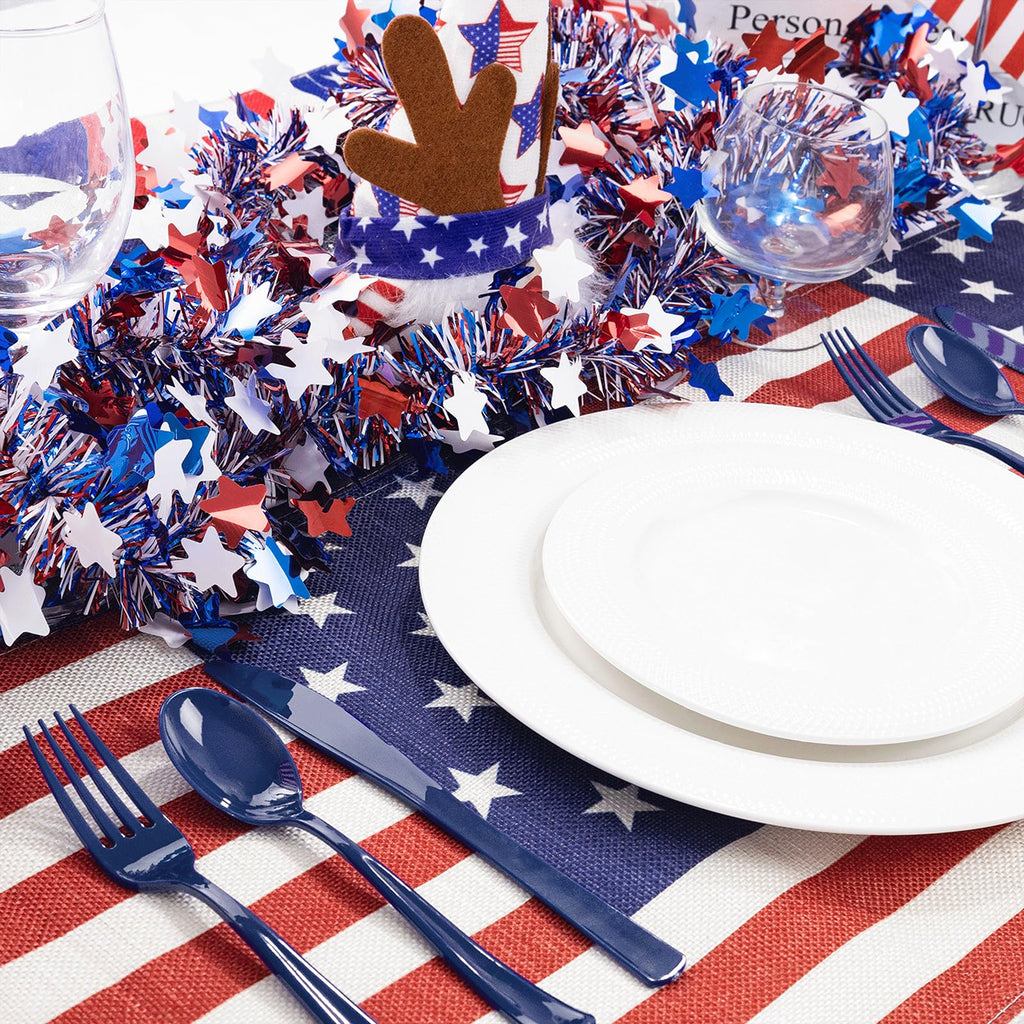 Liacere 100Pack Pre Rolled Blue Silverware and Napkin-Disposable Blue Plastic Utensils-Plastic Cutlery Set with Napkin:100 Forks,100 Knives,100 Spoons,100 Napkins for Wedding&Party&Independence Day