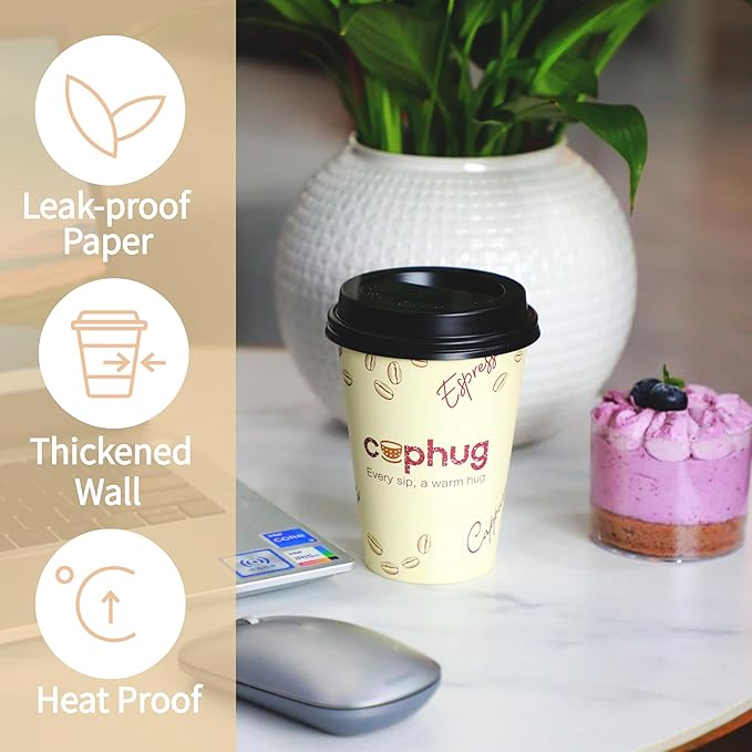 cuphug 12 oz Disposable Coffee Cups with Lids, Sleeves and Straws 100Pack, Thickened Leak-Proof Insulated Paper Cups for Hot Drinks, Home, Office, Cafe, Party