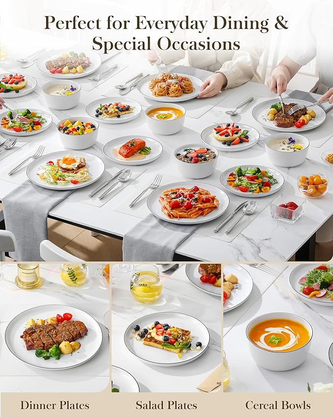 MALACASA 18-Piece Dinnerware Set for 6, White Black-Rim Porcelain Dishes