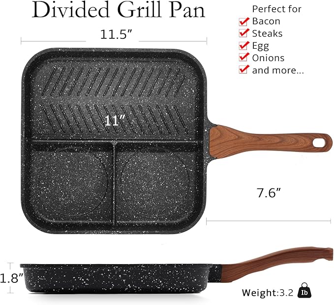 ESLITE LIFE Nonstick Divided Grill Pan with Lid & Tongs for Stove Tops, 11 Inch Versatile 3-In-1 Breakfast Pan, Square Big Grilling Steak Pan for Indoor & Outdoor Cooking, PTFE & PFOA Free, Black