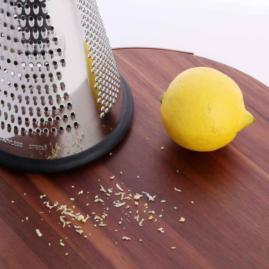 Cone Cheese Grater with Handle - Stainless Steel Triple Function Wood Handle Parmesan Shaver Non-Slip Rubber Bottom Hand Held Multifunction Vegetables Cheese Grater with container(XL:11.8" X 5.1")