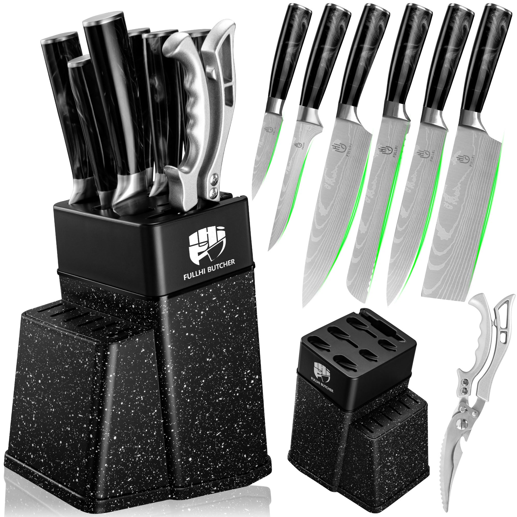 FULLHI 8pcs block Knife Set,chef's Knves Set with Block and Sharpener, Kitchen Knife Set,Multi-colour Handle, Gifts for Men Women