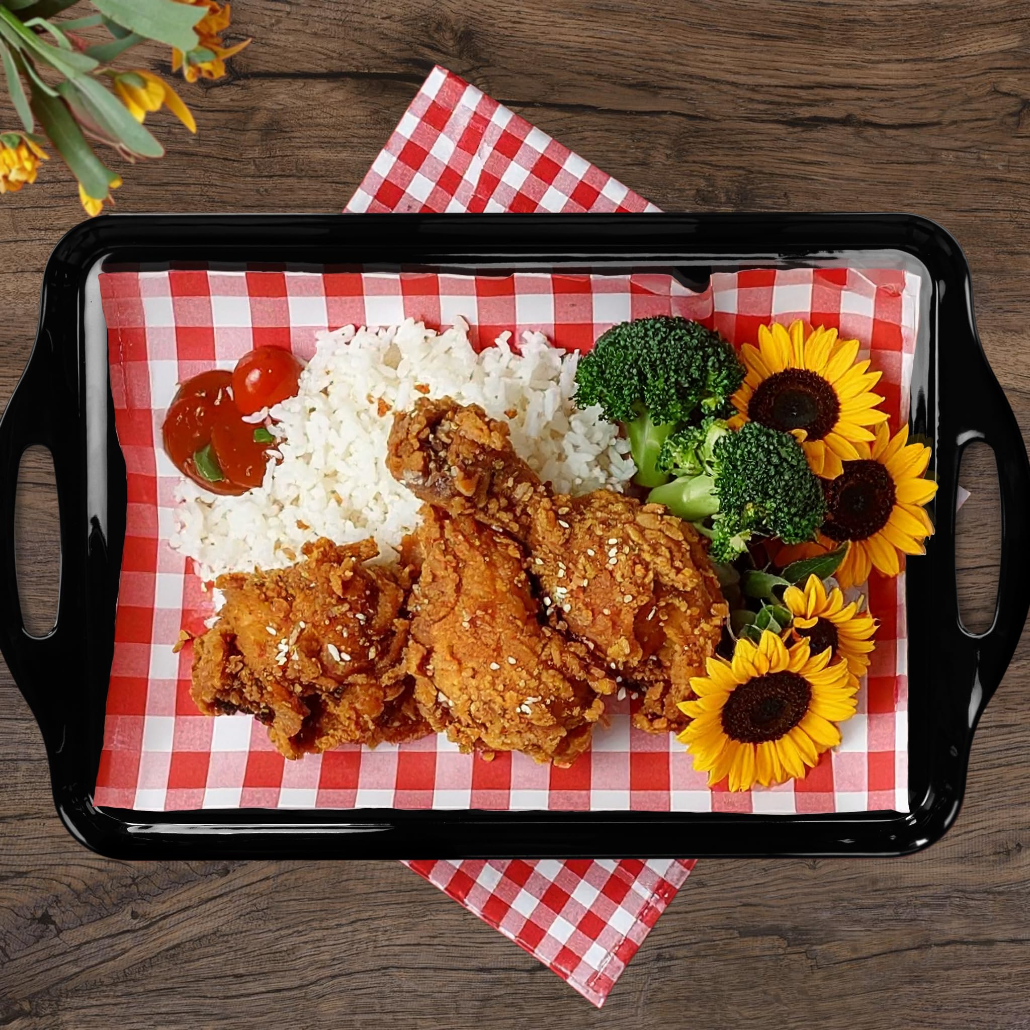 Extra Large Melamine Platters, Serving Tray with Handles for Cookie, Cupcakes, Desserts, Dishwasher Safe, Ottoman Tray Decor, Set of 2, 2 pcs Mats Included (Black, 19''x11.6'')