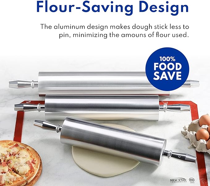 New Star Foodservice 13 Inch Aluminum Rolling Pin, Extra Heavy Duty Restaurant Grade Dough Roller with Rotating Barrel and Handles, Silver