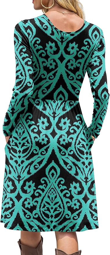 DB MOON Women Casual Long Sleeve Dresses Empire Waist Knee Length Loose Dress with Pockets (Black and Green, S)