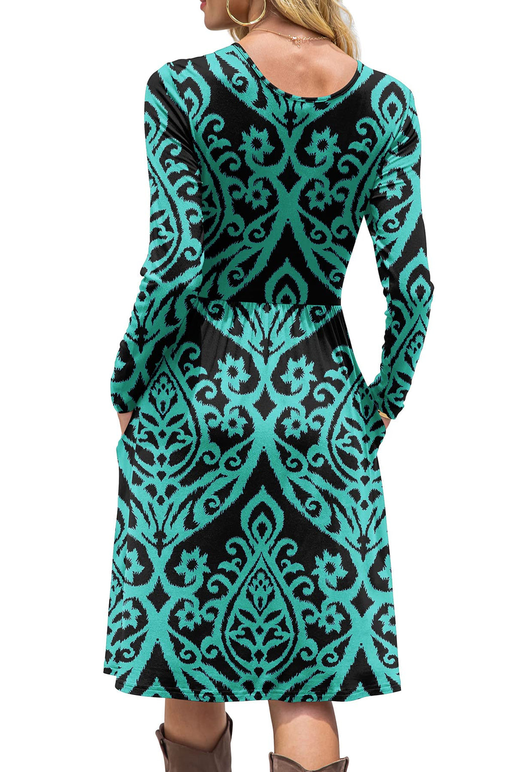 DB MOON Women Casual Long Sleeve Dresses Empire Waist Knee Length Loose Dress with Pockets (Black and Green, M)