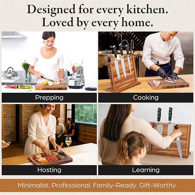 3 in 1 Magnetic Knife Block Stand, 14"x10" Cutting Board, Knife Sharpener - Wooden Magnetic Knife Holder - Acacia Display Holder Double Sided Storage Rack Magnets for Knives - No Assembly Required
