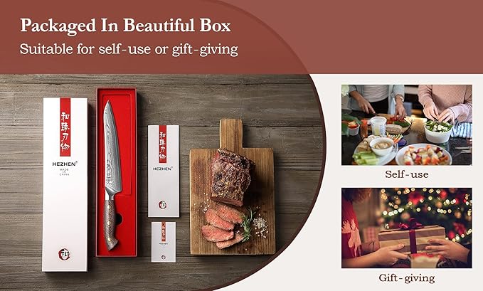 HEZHEN 8.3'' Damascus Carving Knife – 67 Layers Damascus Steel, Professional Brisket Slicing for BBQ, Smoked Meat & Roast, Full Tang Micarta Handle, Gift Packing
