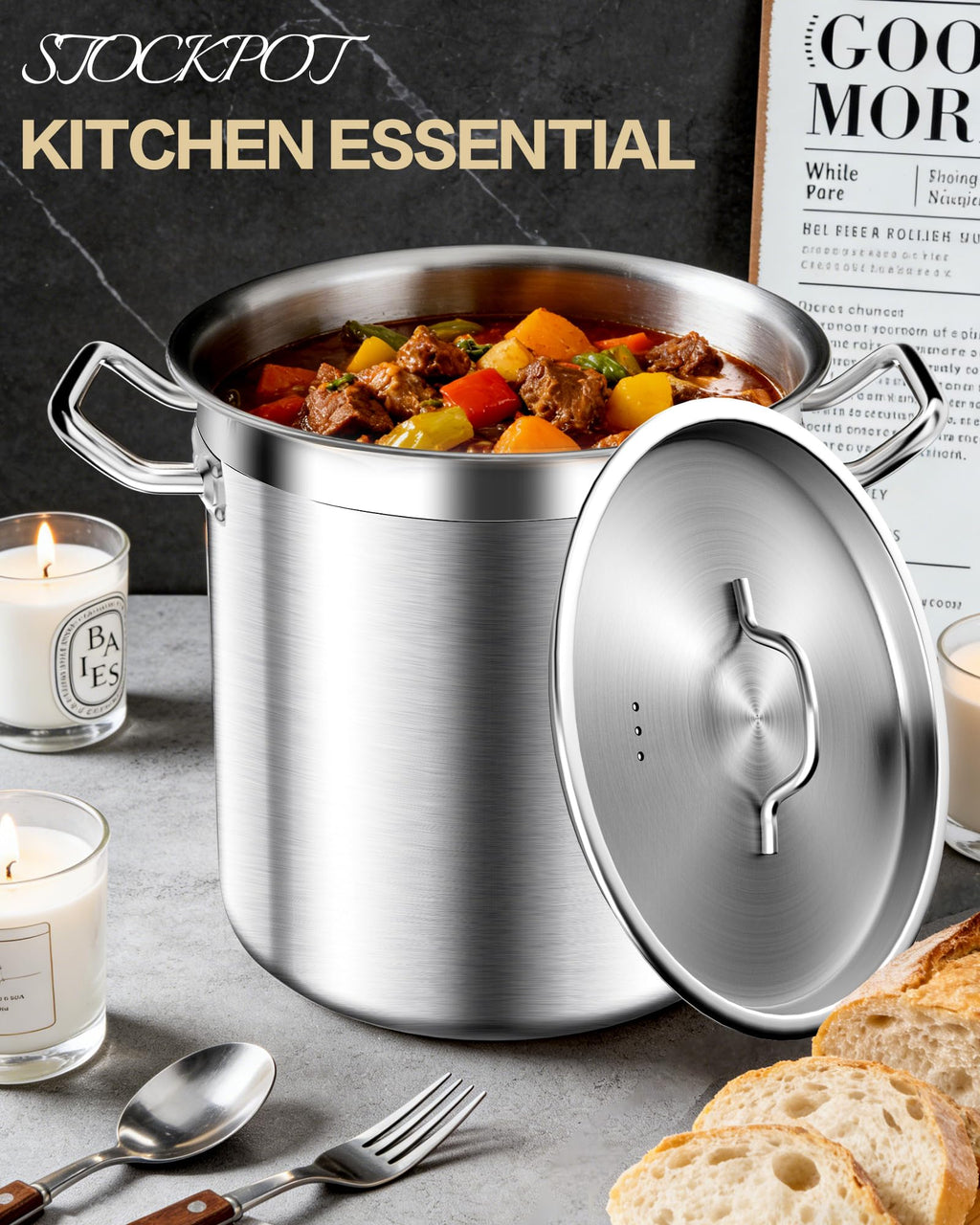 STOCKPOT Extra-Large Stainless Steel Stock Pot – Commercial Heavy Duty Soup Pot with Lid, 3-Ply Base for Fast Heating, Ideal for Seafood Boils and Outdoor Cooking - 100 Quart