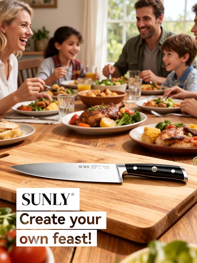 SUNLY Chef Knife, 8 Inch Professional Kitchen Knife with German 1.4116 Stainless Steel, 58±2 HRC Hardness, Full-Tang Design, Anti-Slip Handle for Meat, Fruits, Vegetables, Gift-Ready Magnetic Box