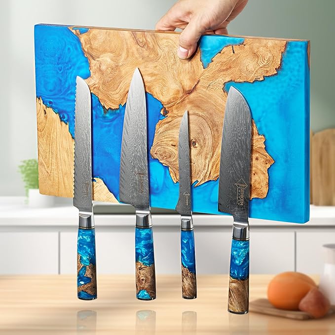 SENKEN "Tsunami" Extra Large Magnetic Knife Block - Holds Up to 16 Knives - Knife Block without Knives, Universal Knife Holder, Beautiful Blue Resin Burl Wood Blend ("Tsunami" Blue Resin Blend)