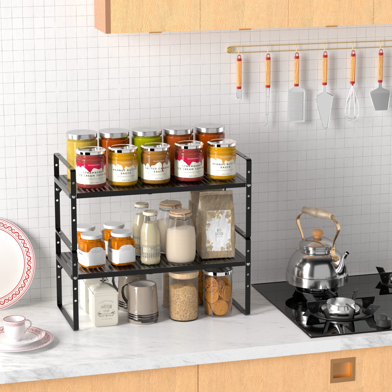 iPEGTOP Large Expandable Cabinet Storage Shelf Organizer Rack, Heavy Duty Stackable Steel Metal Spice Rack Adjustable Height Office Pantry Garage Shelves for Counter Kitchen, Black - 1 Pack