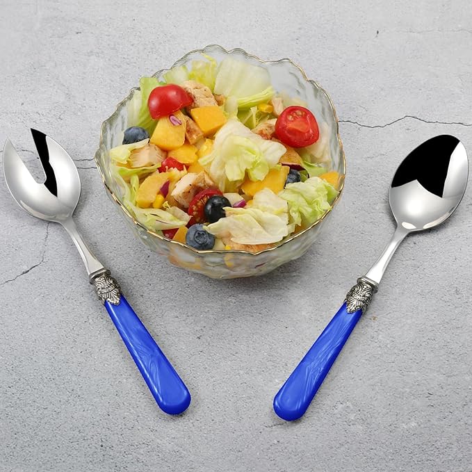 CATHYLIN 2-piece Salad Servers Stainless Steel Salad Serving Set Salad Fork and Spoon (Deep Blue)