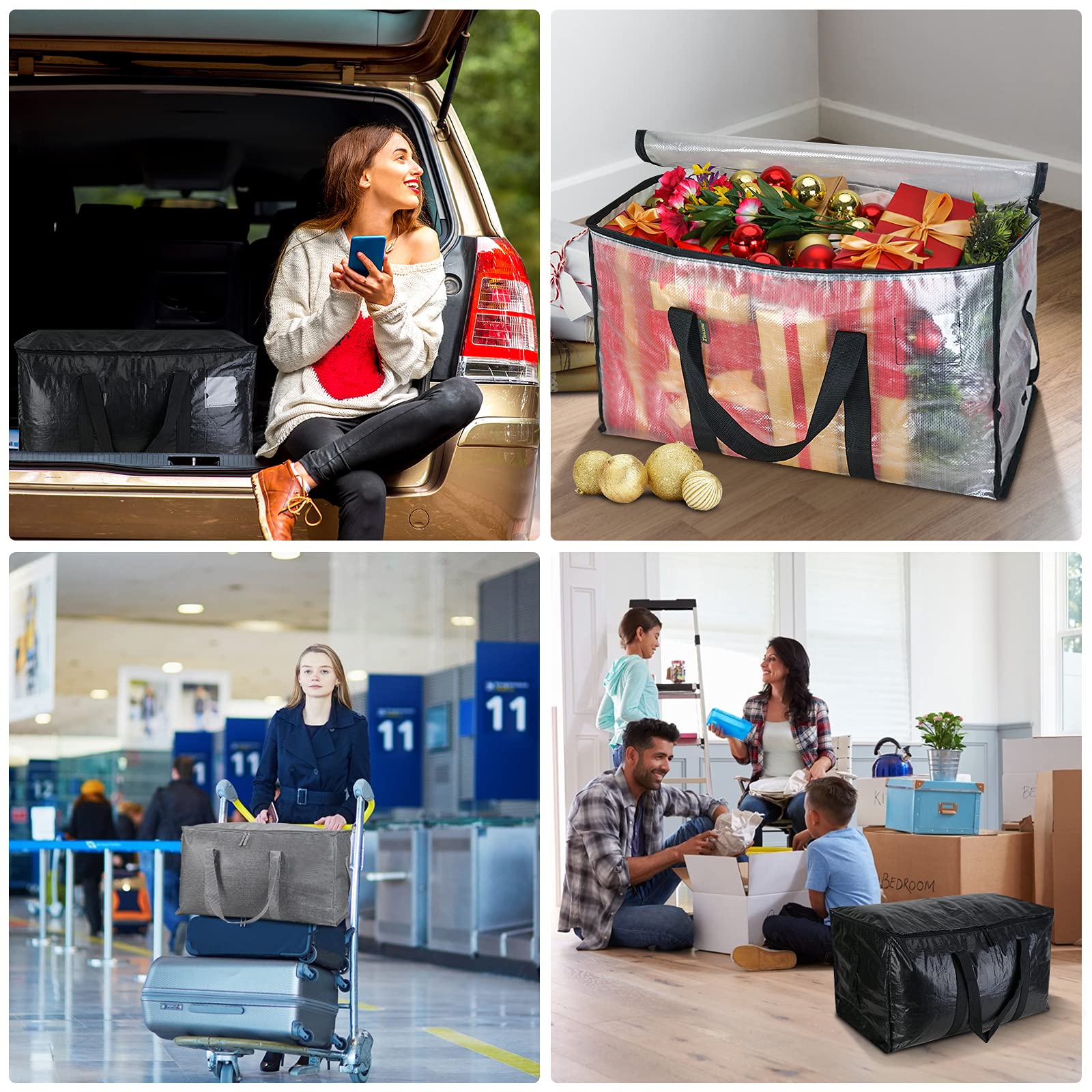 BALEINE 4-Pack Oversized Moving Bags with Reinforced Handles, Heavy-Duty Storage Tote for Clothes, Moving Supplies (Clear, 4-Pack)