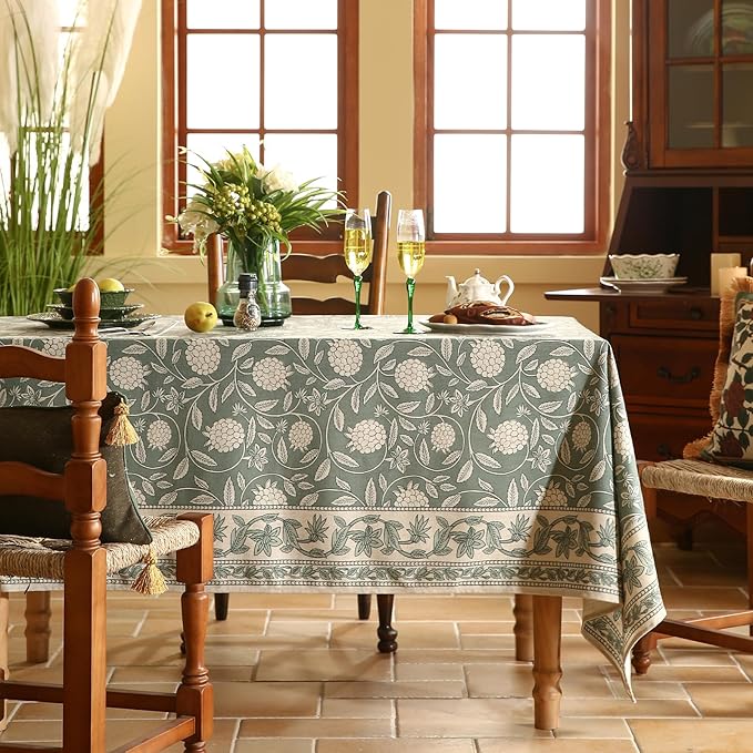 ISAENNE Designer Linen Green Rectangular Tablecloth,71"x55"-Andrew A