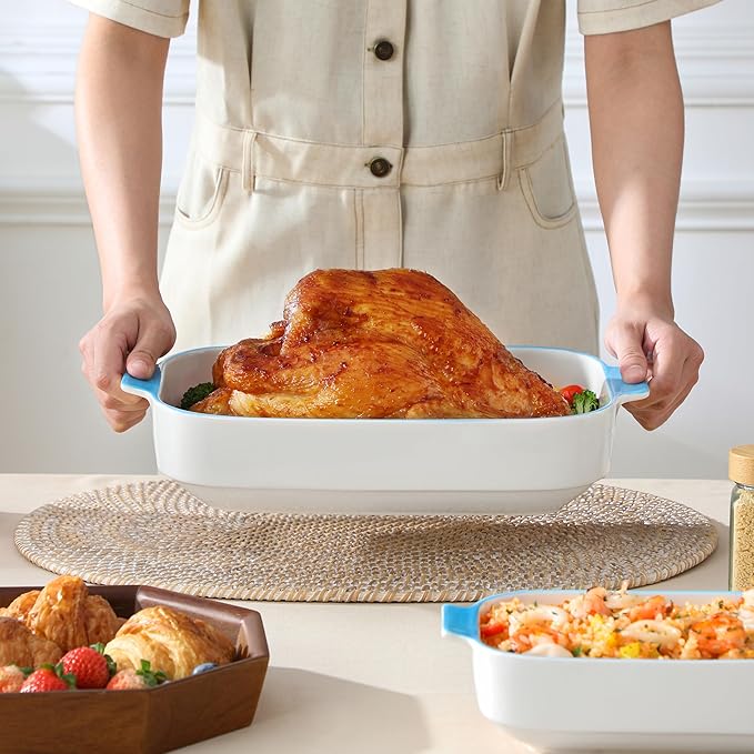 MALACASA Ceramic Baking Dishes Set of 3, Blue Trim Casserole for Oven, 9x13