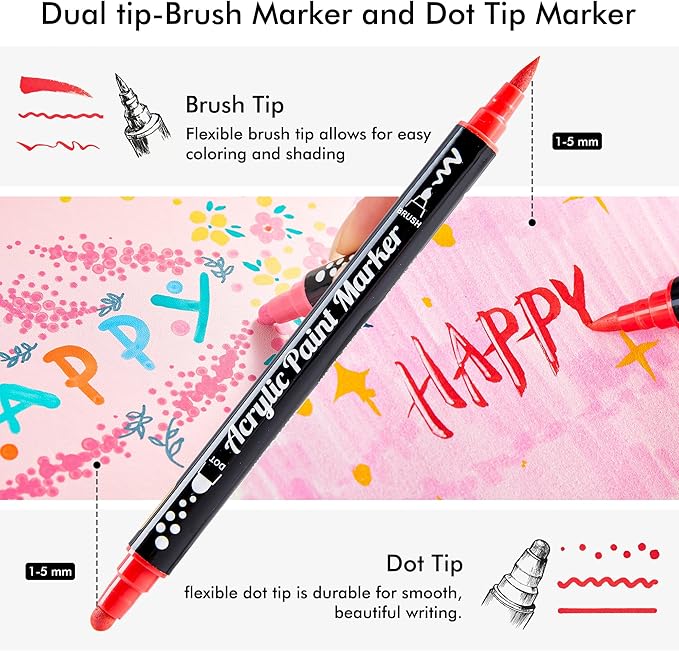 Shuttle Art 36 Colors Dual Tip Acrylic Paint Markers, Brush Tip and Dot Tip Acrylic Paint Pens for Rock Painting, Ceramic, Wood, Canvas, Plastic, Glass, Stone, Calligraphy, Card, DIY Football Crafts