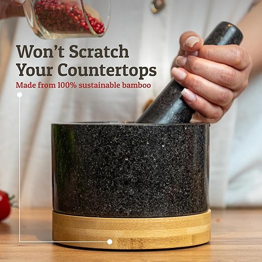 PriorityChef Heavy Duty Mortar and Pestle Set with Bamboo Base, 100% Natural Granite Stone Grinder, Guacamole Bowl and Masher, 2 Cups, Black