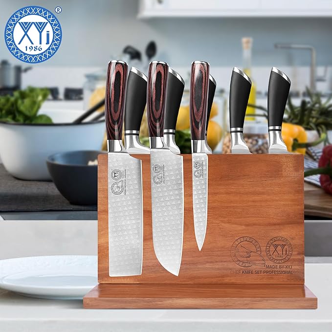 XYJ Magnetic Knife Block, Acacia Wood Knife Holder with Strong Magnets