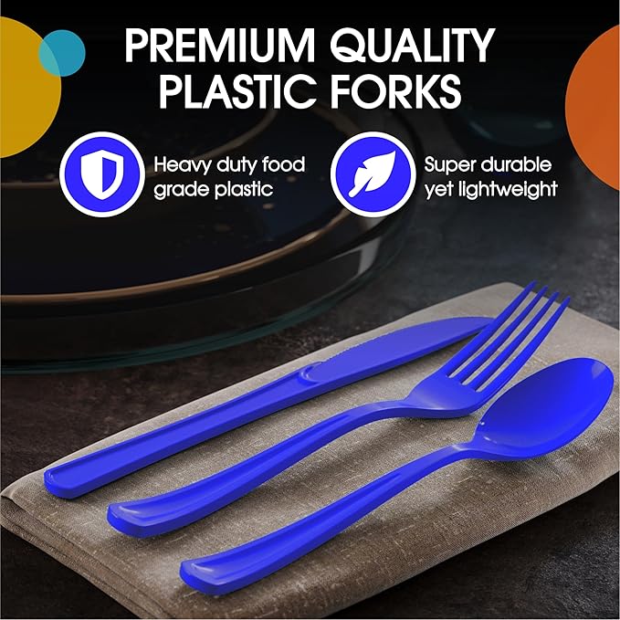 Party Solids Dark Blue Plastic Silverware Heavy Duty 300 Pieces Dark Blue Disposable Silverware Heavy Duty, Utensil Sets, 100 Of Each Forks, Knives & Spoons Disposable Cutlery Set For Party Supplies