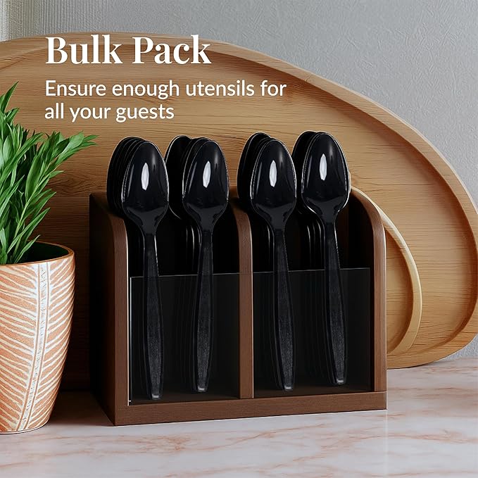 Prestee 300 Black Plastic Spoons Bulk - Durable Disposable Plastic Silverware Spoons - Heat-Resistant Spoon Cutlery - Heavy Duty Flatware Pack - Disposable Silverware Utensil Set for Hot and Cold Food