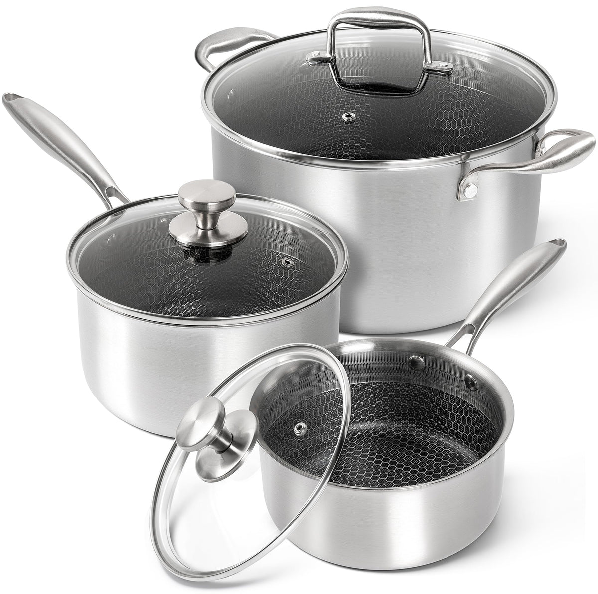 MICHELANGELO Triply Stainless Steel Pot Set, Hybrid Nonstick Saucepan Set with Lids, Induction Compatible Heavy Duty Sauce Pan 1QT & 2QT & 3QT, Honeycomb Interior, Dishwasher Safe Cookware - 6 Piece