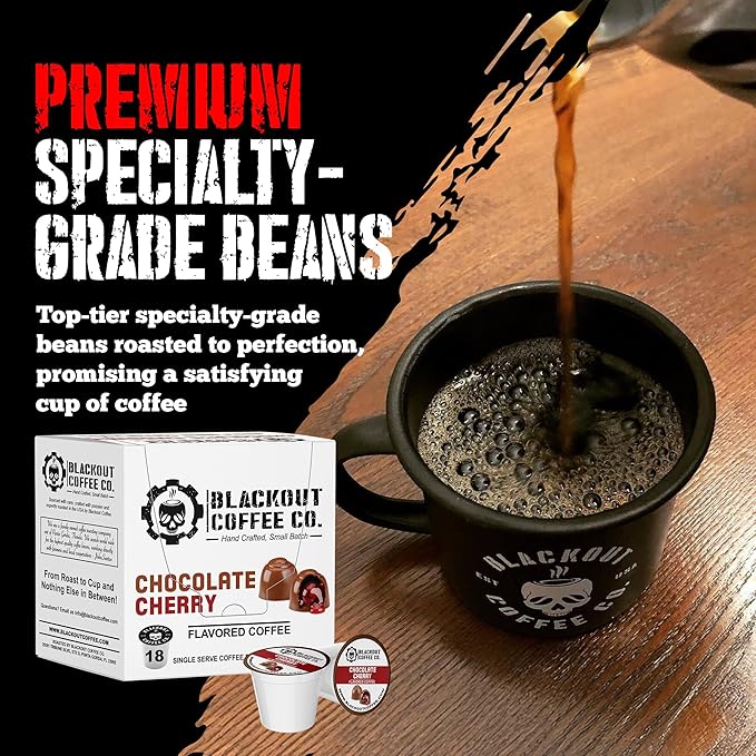 Blackout Coffee Chocolate Cherry Flavored Coffee Pods – Premium Roasted, Smooth Taste, Guilt-Free Indulgence – 18 Count Single-Serve Coffee Pods.