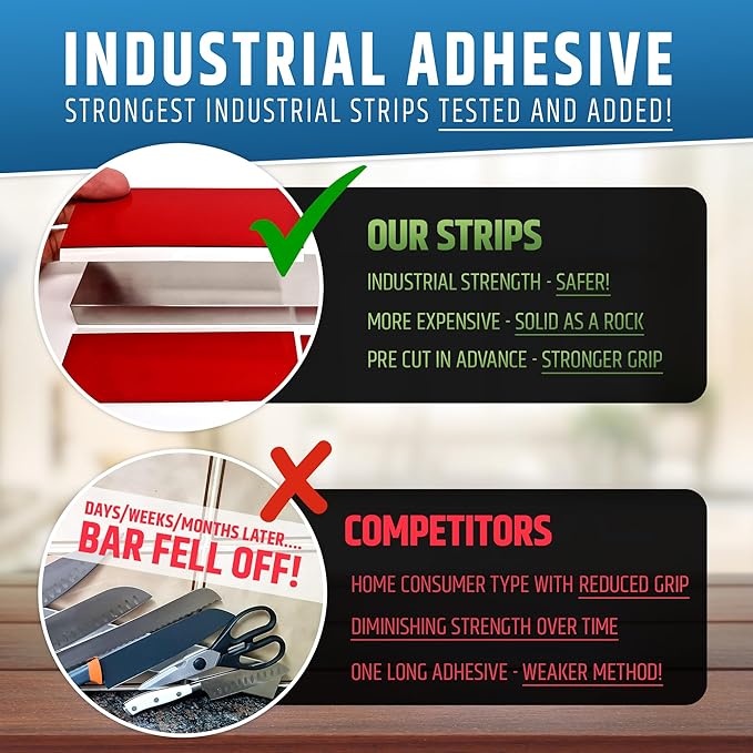 24" Strong Adhesive (No Drill) Magnetic Knife Holder for Wall - Professional Knife Strip - No Screws Needed - Adhesive Backing - Stainless Steel Knife Bar (Upgraded Version – Will Not Fall)