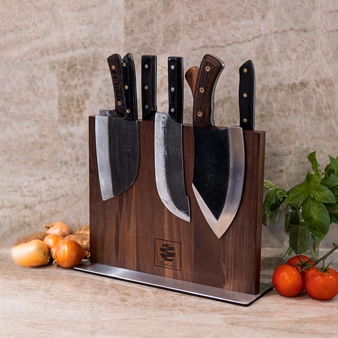 COOLINA Walnut Magnetic Knife Holder, Knife Block Stand with Steel Base