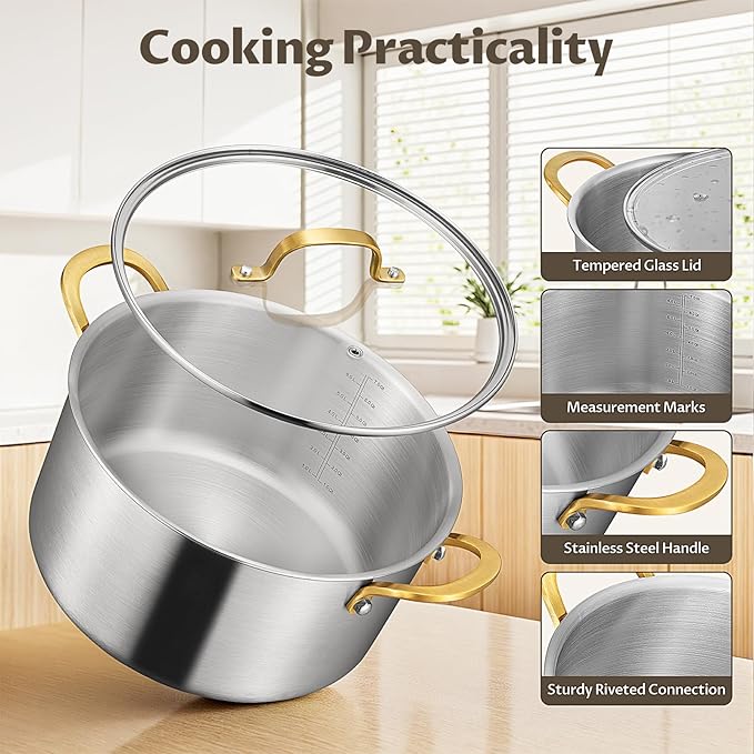 BEZIA 10 QT Stock Pot with Lid, Full Clad Tri-Ply Stainless Steel Soup Pot