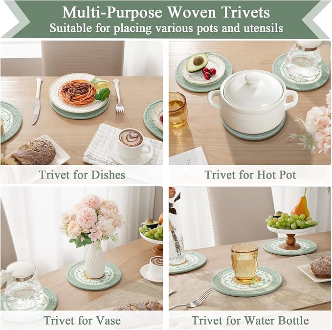 SHACOS Sage Green 8 Inches Trivets for Hot Dishes, 4 Pieces