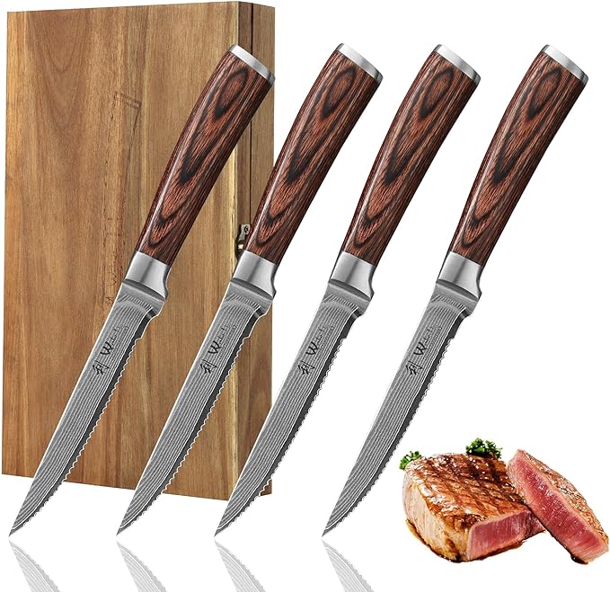 Wakoli EDIB Damascus Steak Knife Set, 4-Piece VG10 Stainless Steak Knives