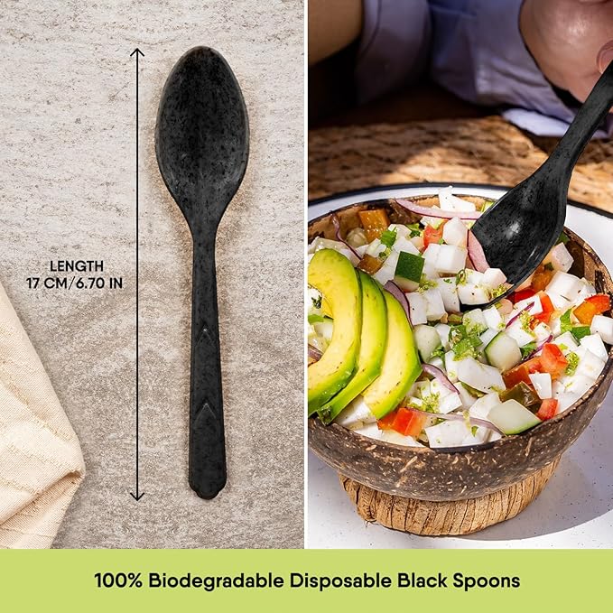 Premium Quality100% Biodegradable Black Spoons Made of Vegetable Fibers, 100 PCS of 6.7” Long Heavy-Duty and Splinter Free Eco-Friendly Spoons, Perfect Sustainable Cutlery for All Types of Occasions