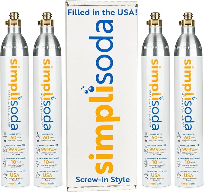 Simpli Soda 60L CO2 Canister Cylinders - Compatible w/Sodastream BLUE Screw-In Only, Ninja Thirsti, Philips, and More - Threaded Style Soda Streaming Machine CO2 Tanks Gas Refill, | 14.5 oz, Set of 4
