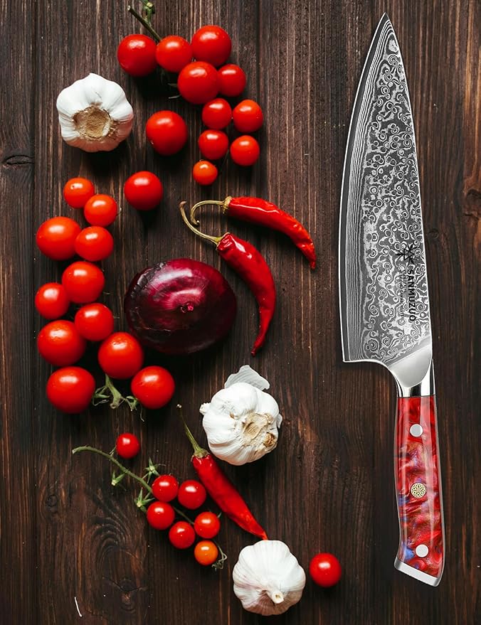 SANMUZUO Chef Knife - 8 inch - Xuan Series - VG10 Damascus Steel Kitchen Knife - Resin Handle (Sunset Red)