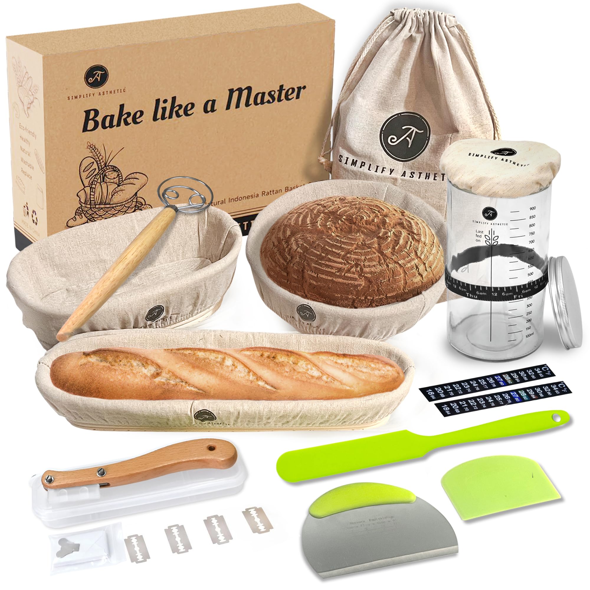 Premium Banneton Bread Proofing Basket - A Complete Sourdough Bread Baking Kit - Bread Baking Supplies - Sourdough Starter Jar Kit