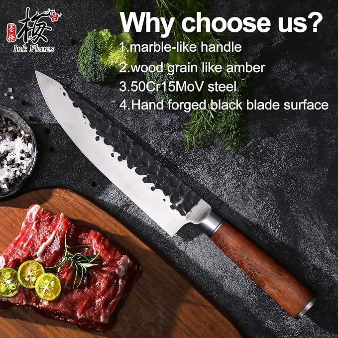 Ink Plums 8 inch Kitchen Chef's Knife, German High Carbon Stainless Steel Sharp Knife, Professional Meat Knife with Brazilian Rosewood Handle and Gift Box for Family & Restaurant