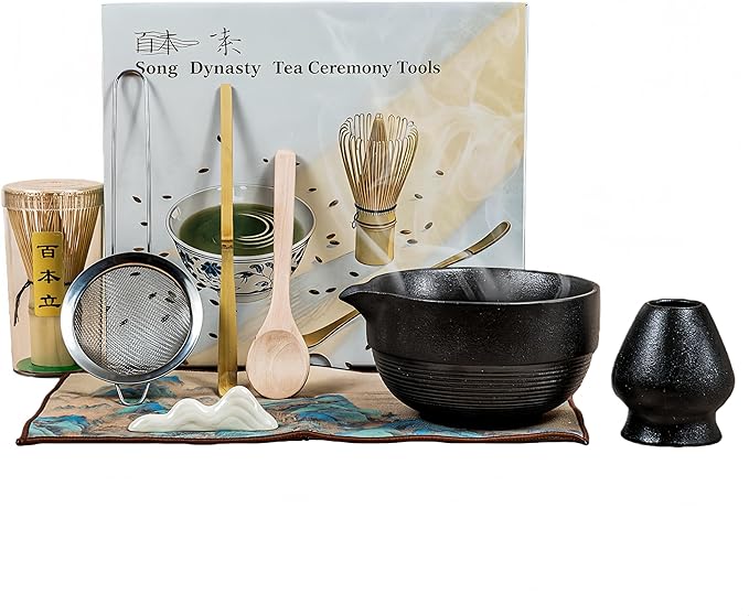 Matcha 7-Piece Set, Japanese Matcha Ceremony Kit with Chawan Bowl, Bamboo Whisk and Strainer, Great Gifts for Mom, Grandma, Wife, Women, Birthday, Mother’s Day, Graduation, Home Decor(Black)