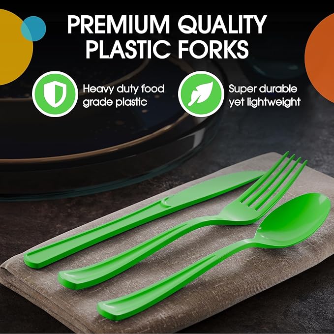 Party Solids Lime Green Plastic Silverware Heavy Duty 150 Pieces Lime Green Disposable Silverware Heavy Duty, Utensil Sets, 50 Of Each Forks, Knives & Spoons Disposable Cutlery Set For Party Supplies