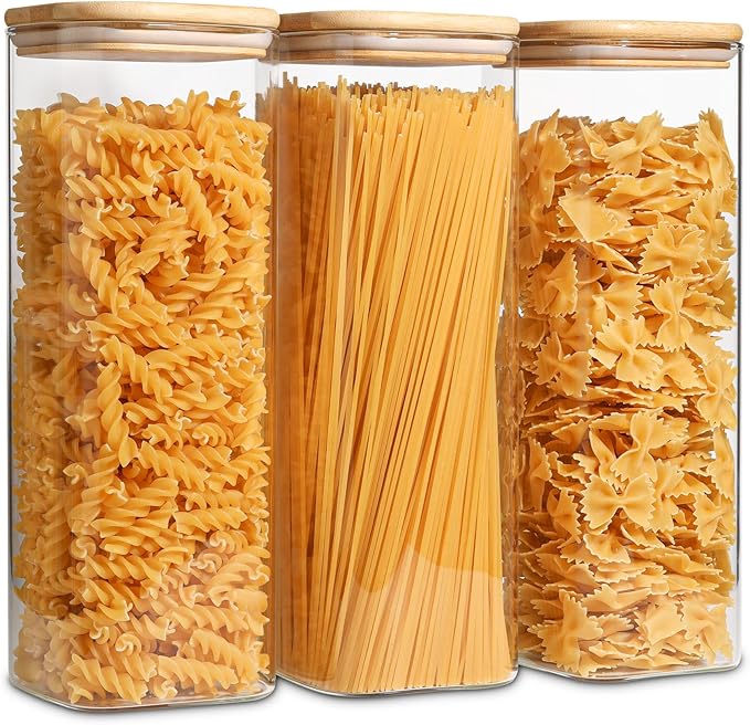 ComSaf Pasta Containers Storage 2.2 Qt, Spaghetti Jar, Set of 3 Tall Jars
