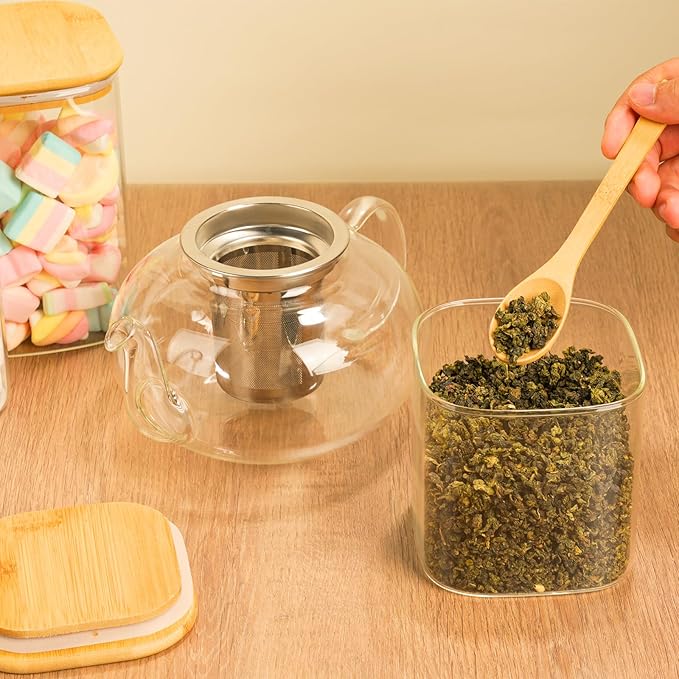 Glass Spaghetti Pasta Storage Container - 5 Pack Airtight Food Storage Jar Set with Bamboo Lid Labels - Square Kitchen Pantry Canister Organizers for Cookies Candy Coffee Bean Sugar Tea Spice Flour