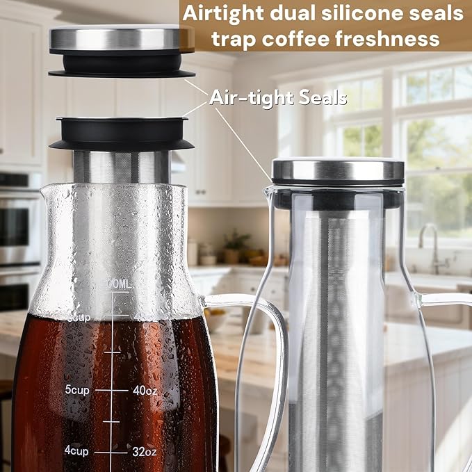 CHDEXU Airtight Cold Brew Coffee Maker Pitcher 51oz, Glass Iced Coffee Maker Pitcher with Removable Stainless Steel Filter and Non-Slip Base, 1.5L Iced Tea Maker