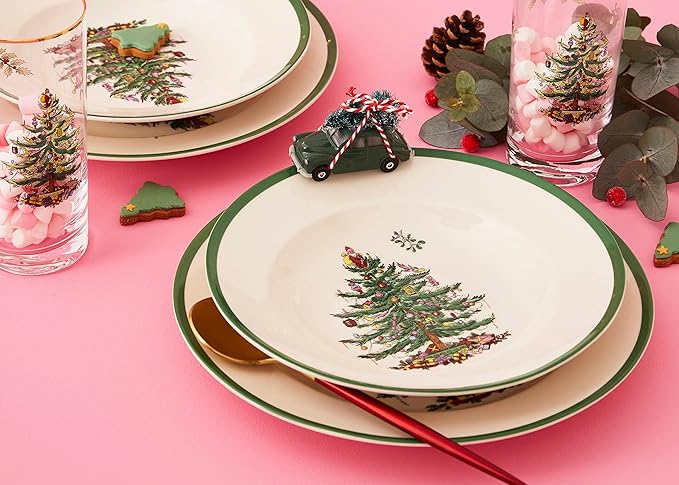 Spode Christmas Tree 9" Soup Plate (Set of 4) – Stoneware Bowls with Festive Tree Design & Green Rim, Ideal for Serving Soup, Pasta, Salad – Microwave & Dishwasher Safe Holiday Dinnerware