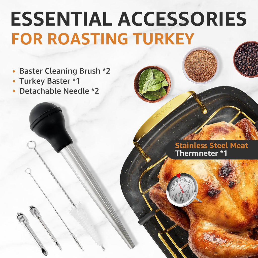 Turkey Roasting Pan, 17x13 Inch Roaster with Removable Rack, Black&Gold