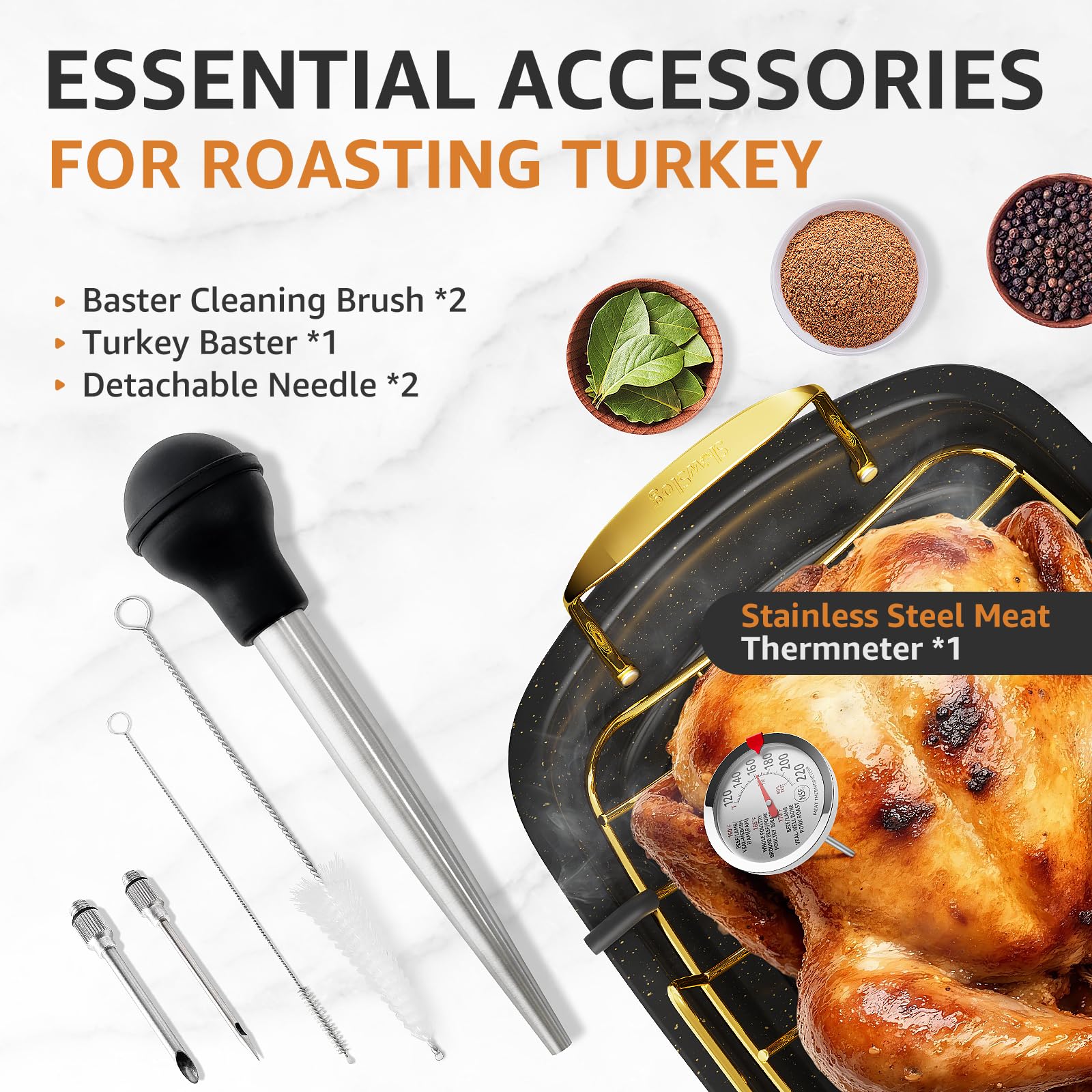 Turkey Roasting Pan, 17x13 Inch Roaster with Removable Rack, Black&Gold